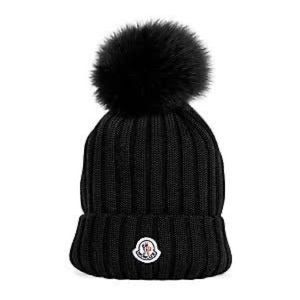 Moncler Fur Pom-Pom Logo Knit Beanie - Black